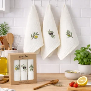 Virtuvinių rankšluosčių komplektas su dėžute - Alyvuogės