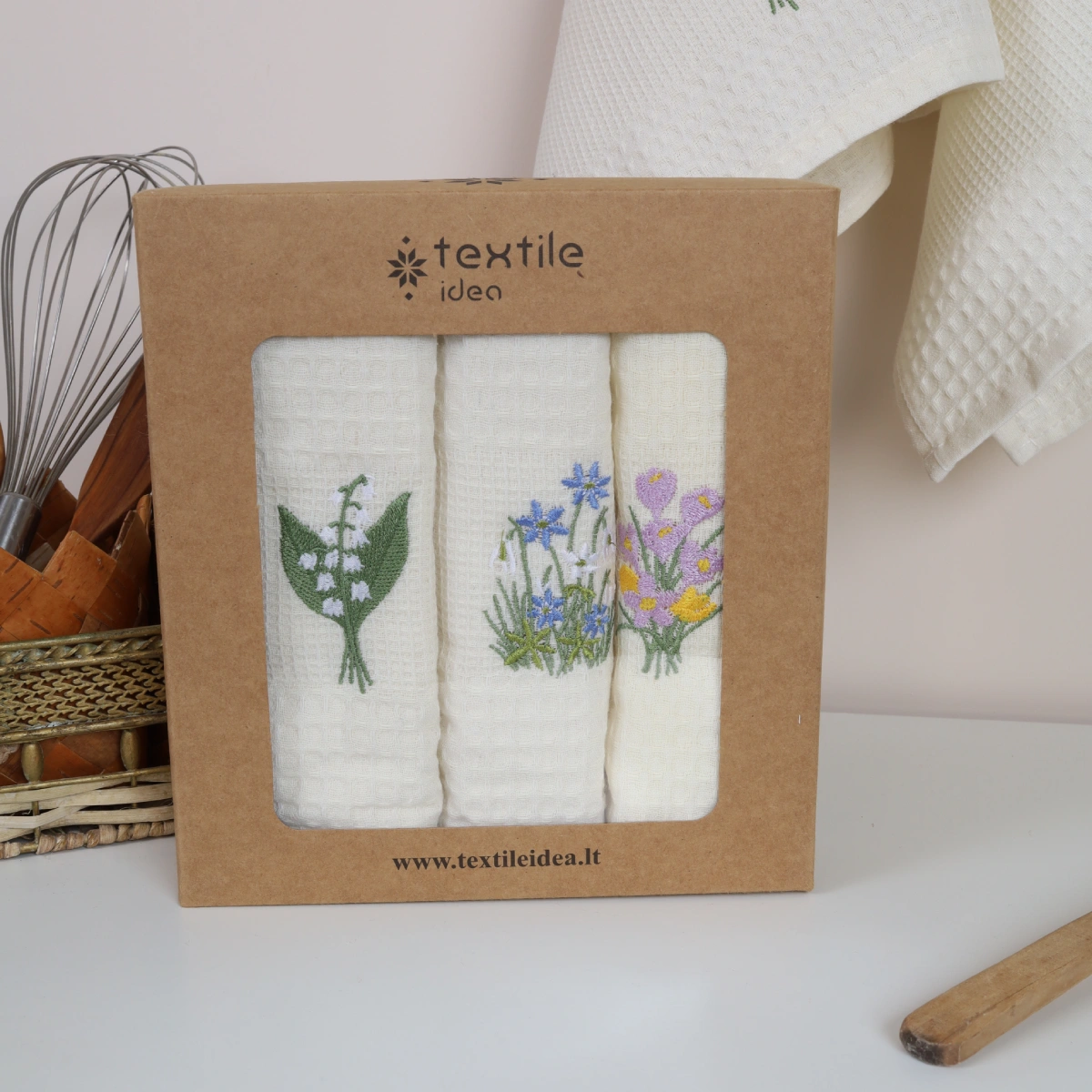 Virtuvinių rankšluosčių komplektas su dėžute - Pavasario gėlės