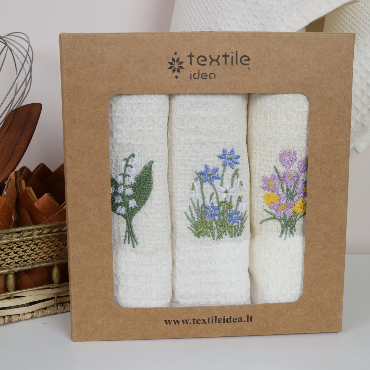 Virtuvinių rankšluosčių komplektas su dėžute - Pavasario gėlės