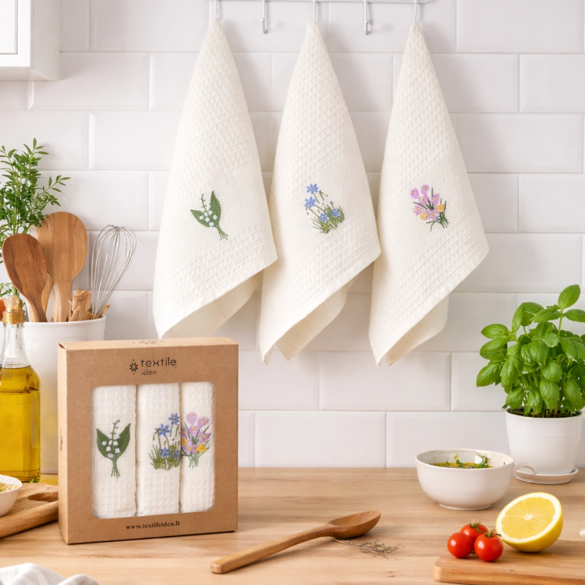 Virtuvinių rankšluosčių komplektas su dėžute - Pavasario gėlės